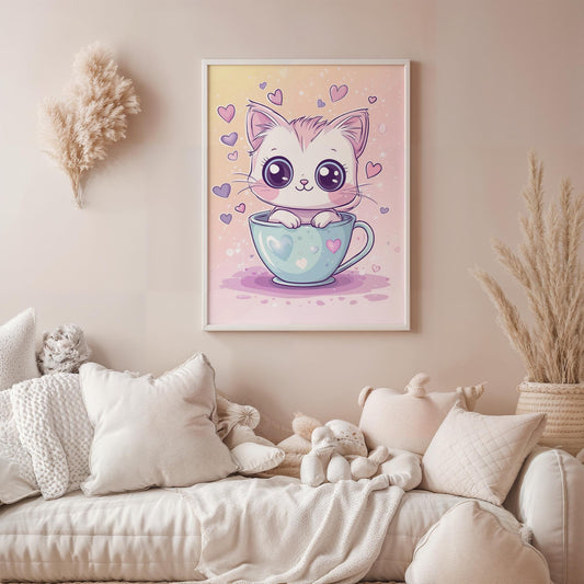 Kawaii Kitten in a Teacup Poster Cute Cat Wall Art Gift for Kawaii Lovers