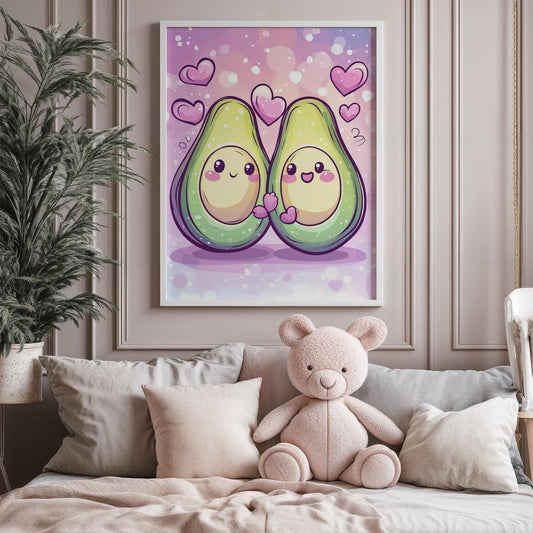 Kawaii Avocado Friends Poster Cute Kitchen Wall Art Gift for Kawaii Lovers Decor