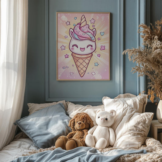 Kawaii Unicorn Ice Cream Poster Cute Rainbow Wall Art Gift for Kawaii Lovers Decor