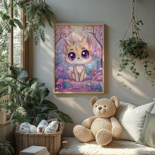 Kawaii Fox in the Forest Poster Cute Animal Wall Art Gift for Kawaii Lovers Decor