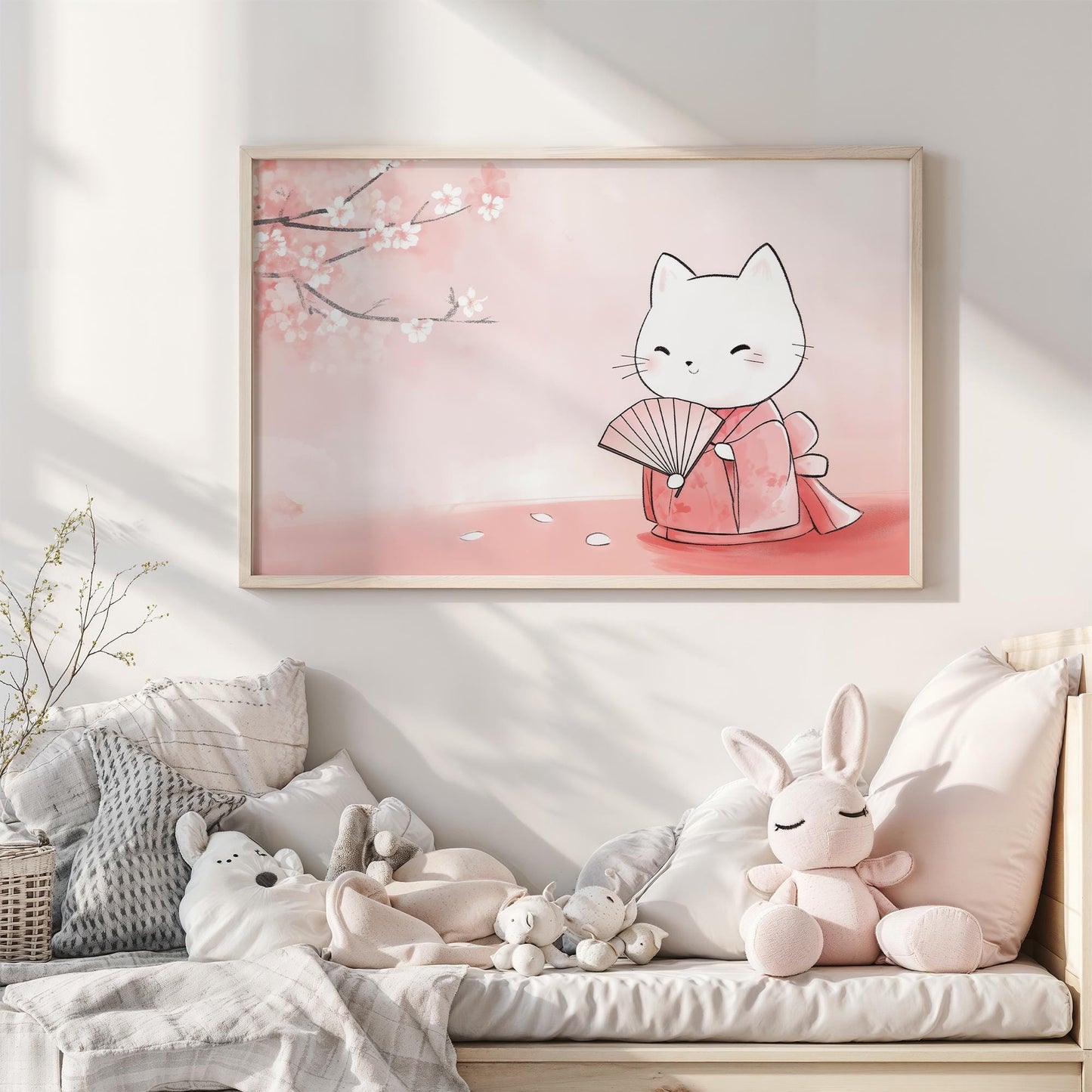 Geisha Cat Secret Japanese-Inspired Elegant Kids Room Decor Kawaii Wall Art