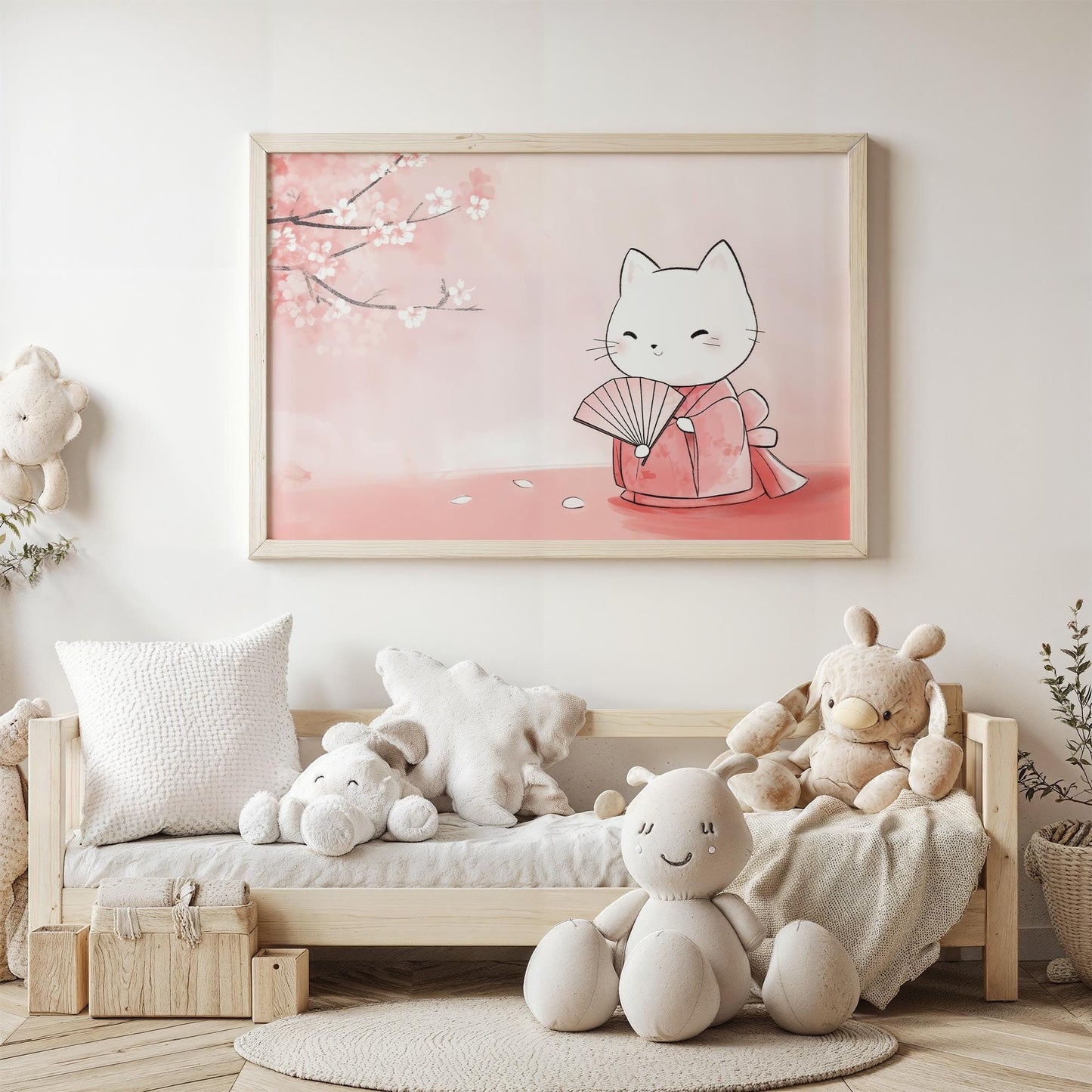 Geisha Cat Secret Japanese-Inspired Elegant Kids Room Decor Kawaii Wall Art