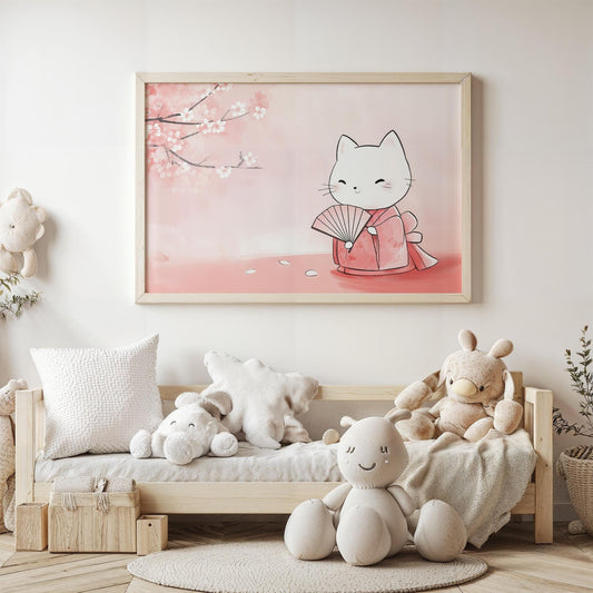 Geisha Cat Secret Japanese-Inspired Elegant Kids Room Decor Kawaii Wall Art