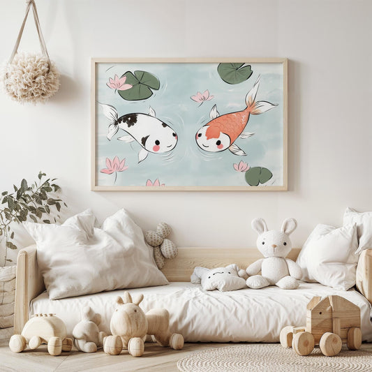 Kawaii Koi Fish Adventure Vibrant Japanese-Inspired Kids Room Wall Art