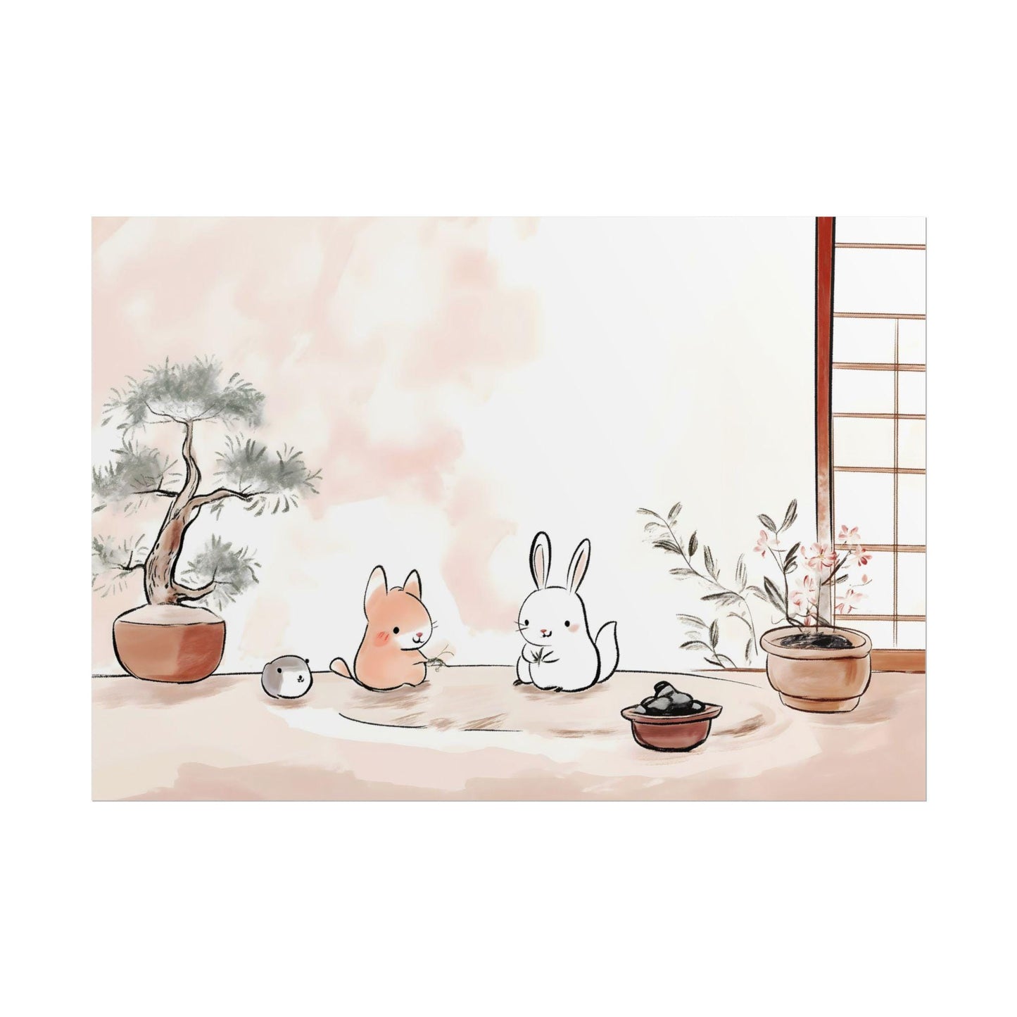 Zen Garden Friends Japanese-Inspired Peaceful Kawaii Kids Room Wall Art