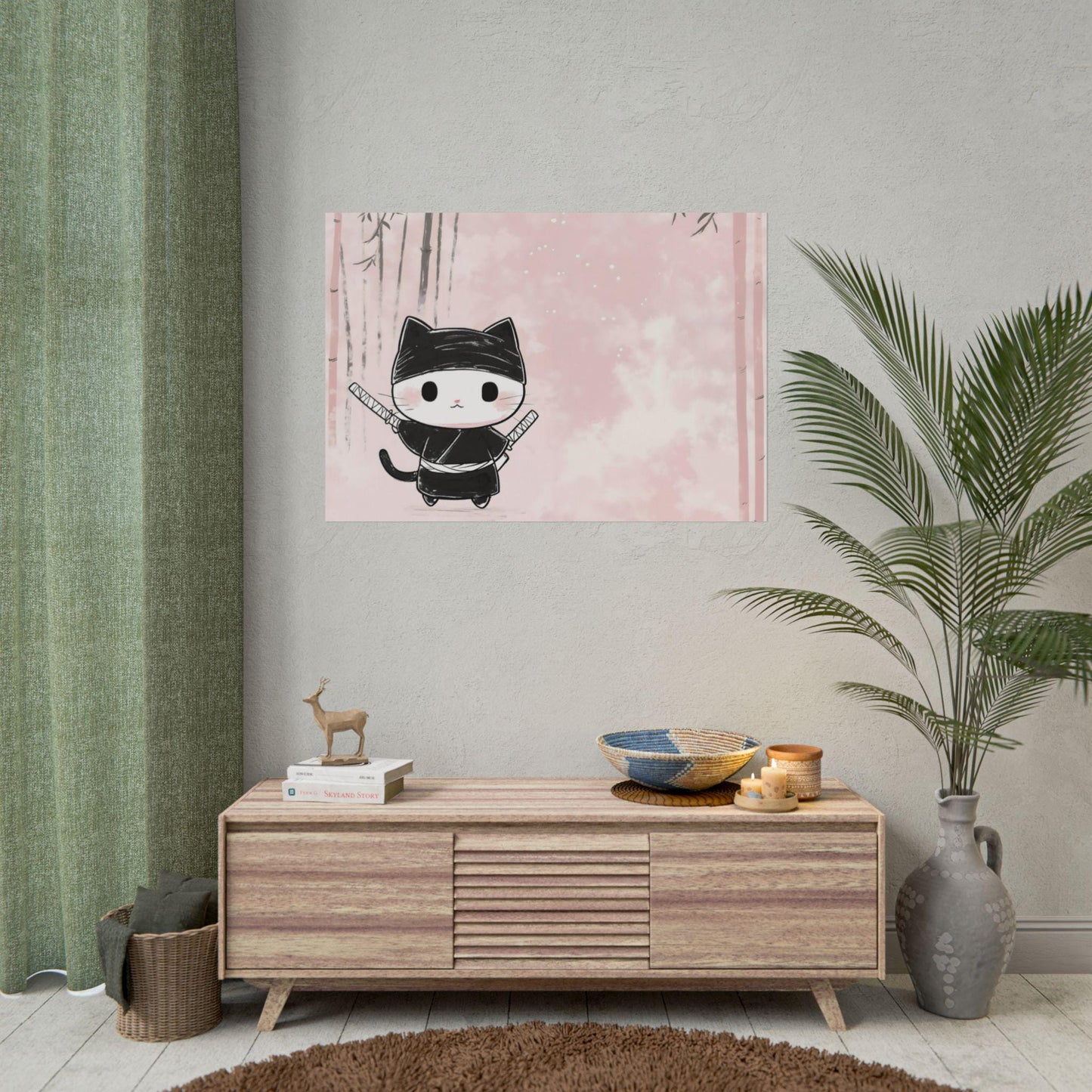 Kawaii Ninja Cat in Training Japanese-Inspired Playful Kids Room Wall Art