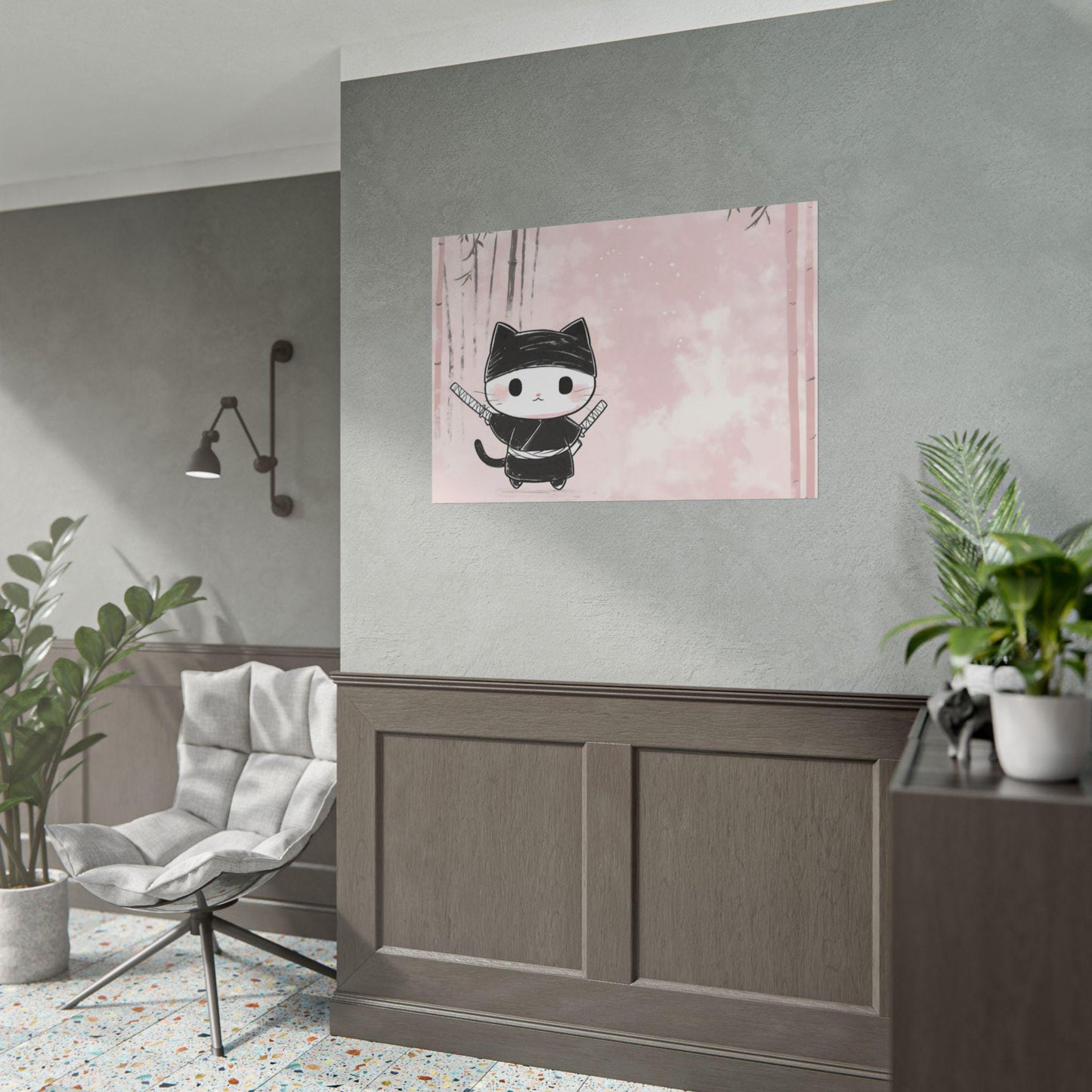 Kawaii Ninja Cat in Training Japanese-Inspired Playful Kids Room Wall Art