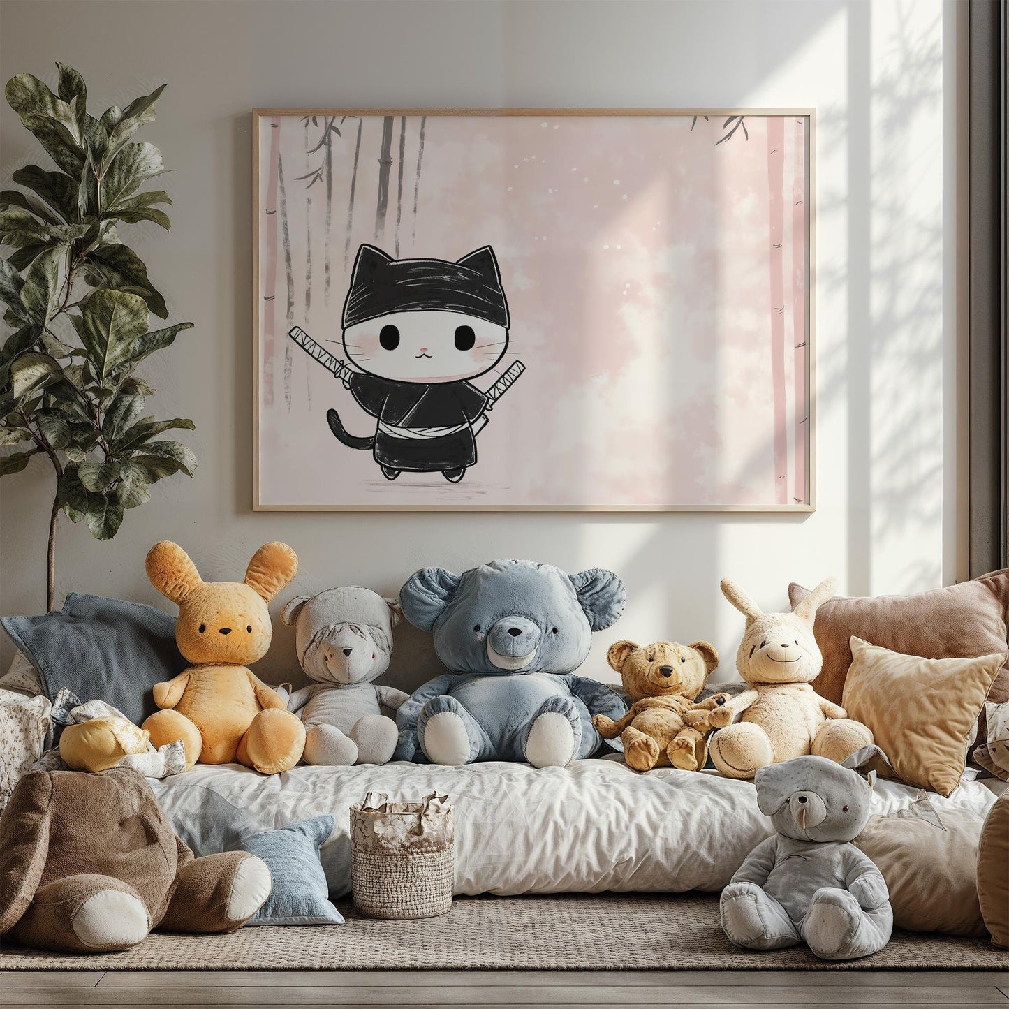 Kawaii Ninja Cat in Training Japanese-Inspired Playful Kids Room Wall Art