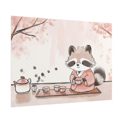 Tea Time with Tanuki Japanese-Inspired Cozy Kids Room Kawaii Wall Art