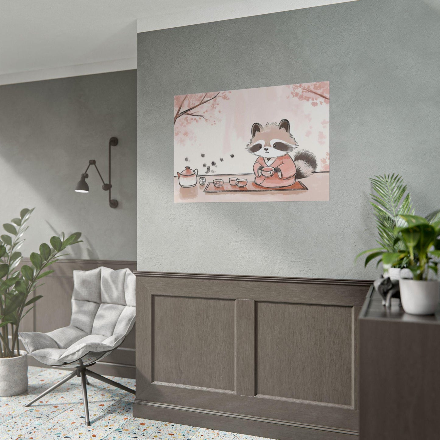 Tea Time with Tanuki Japanese-Inspired Cozy Kids Room Kawaii Wall Art