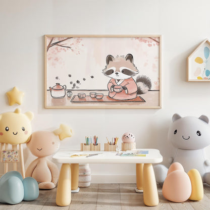 Tea Time with Tanuki Japanese-Inspired Cozy Kids Room Kawaii Wall Art