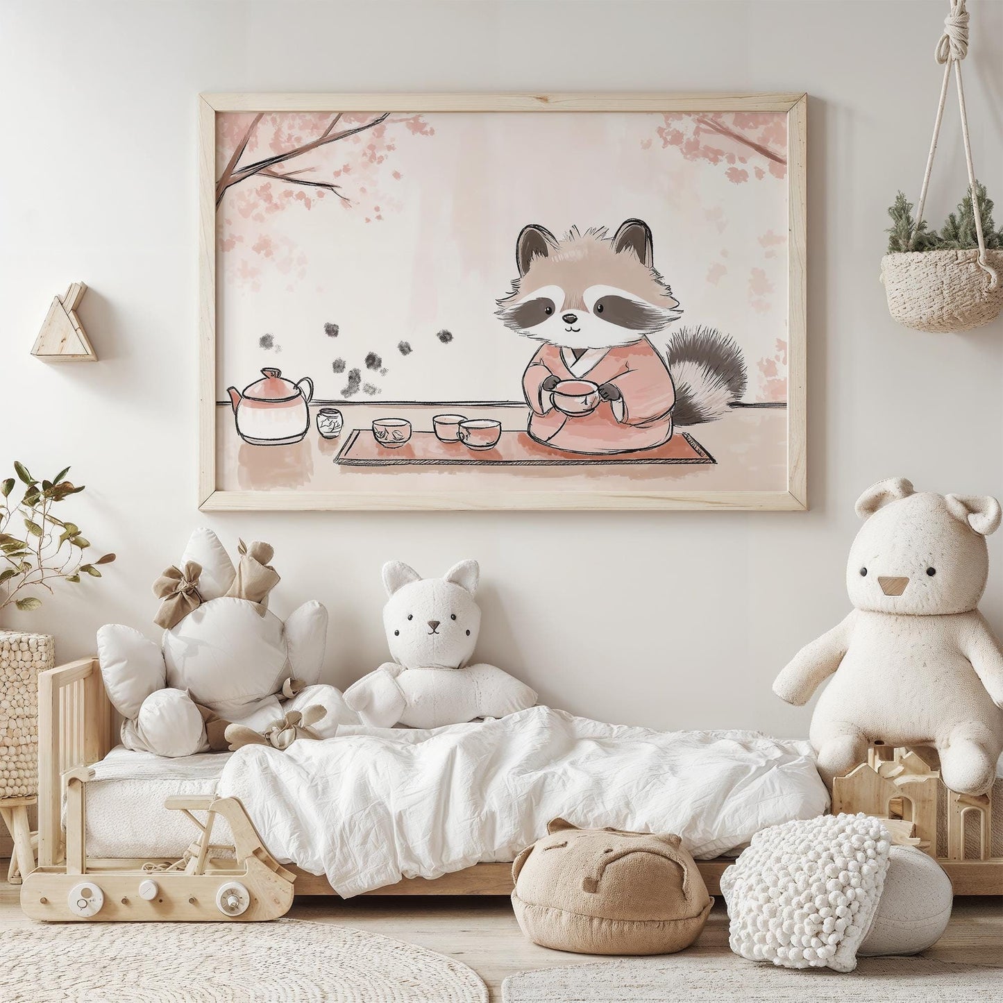 Tea Time with Tanuki Japanese-Inspired Cozy Kids Room Kawaii Wall Art