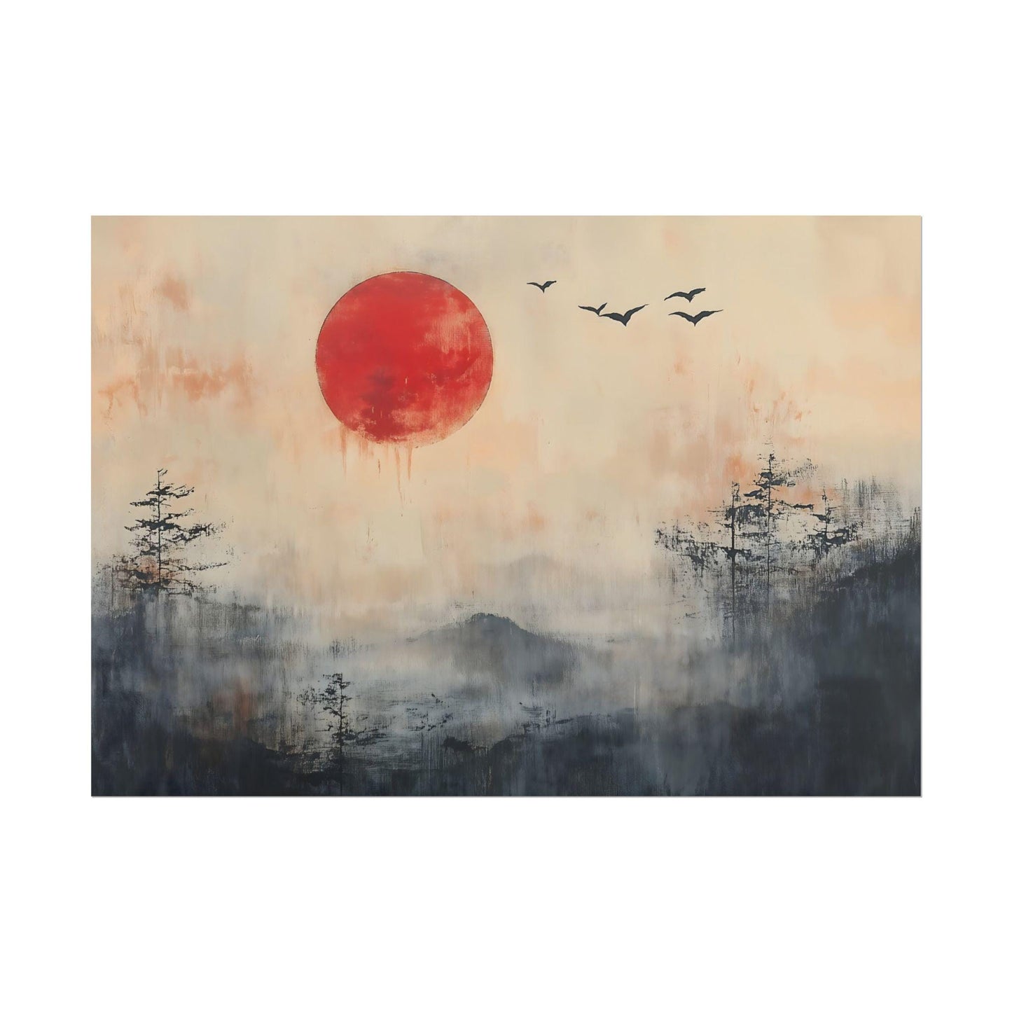 Japanese Abstract Oil Painting Style Poster Print Rising Sun Serenade Minimalist Art Decor