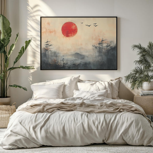 Japanese Abstract Oil Painting Style Poster Print Rising Sun Serenade Minimalist Art Decor