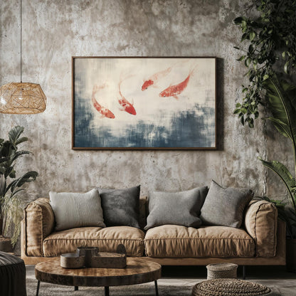 Crimson Koi Dance Japanese Abstract Oil Painting Effect Poster Print Vibrant Fish Wall Decor Art