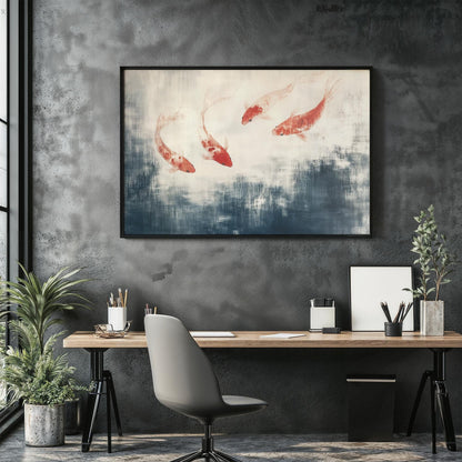 Crimson Koi Dance Japanese Abstract Oil Painting Effect Poster Print Vibrant Fish Wall Decor Art