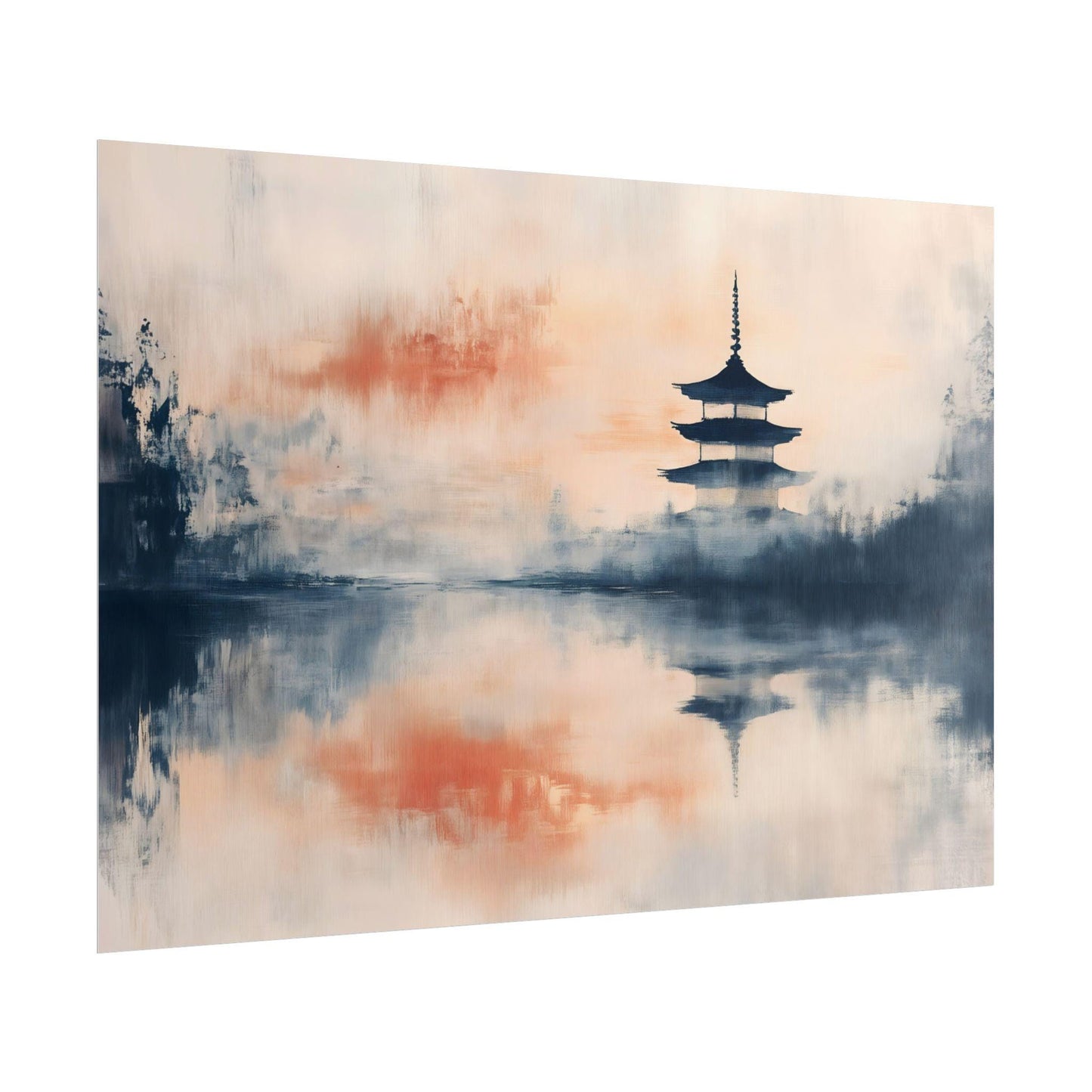 Golden Pagoda Dreams Japanese Abstract Oil Painting Effect Poster Print Tranquil Reflection Art Wall Decor