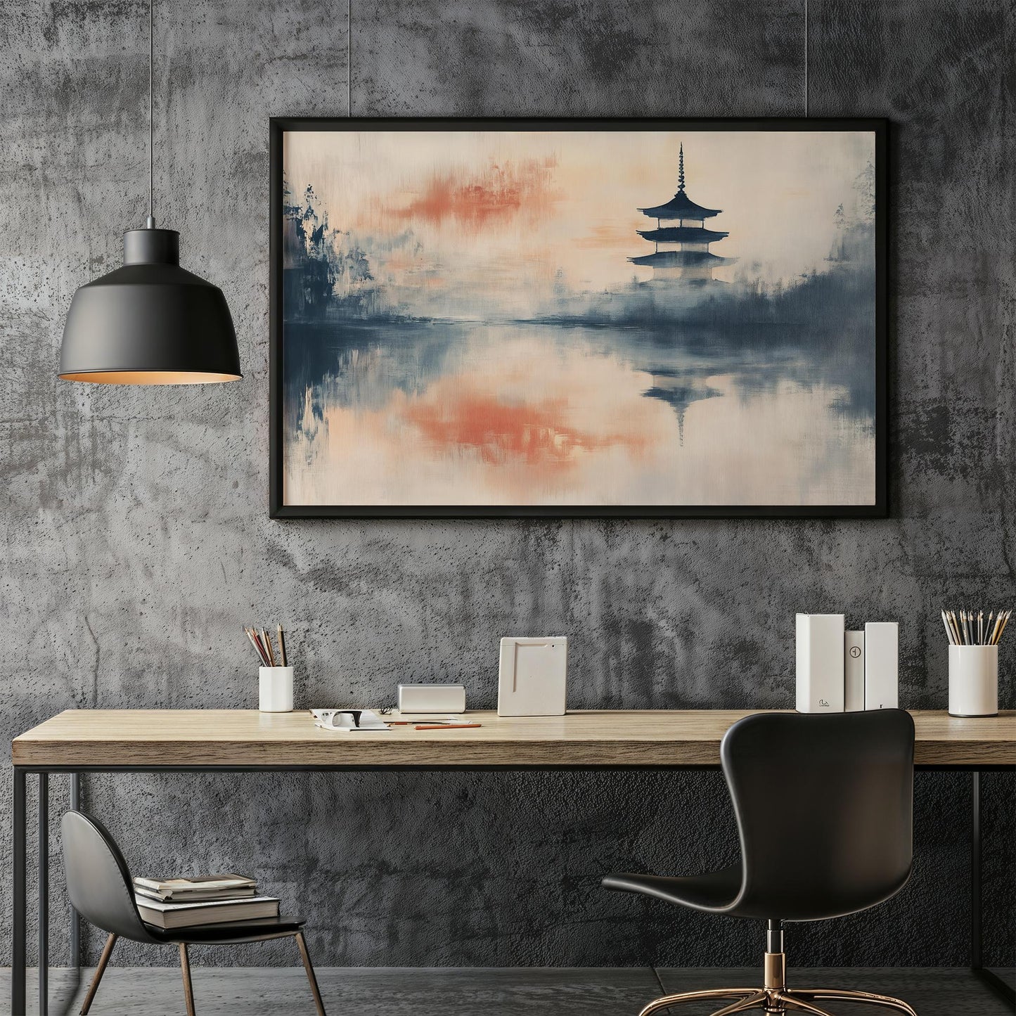 Golden Pagoda Dreams Japanese Abstract Oil Painting Effect Poster Print Tranquil Reflection Art Wall Decor