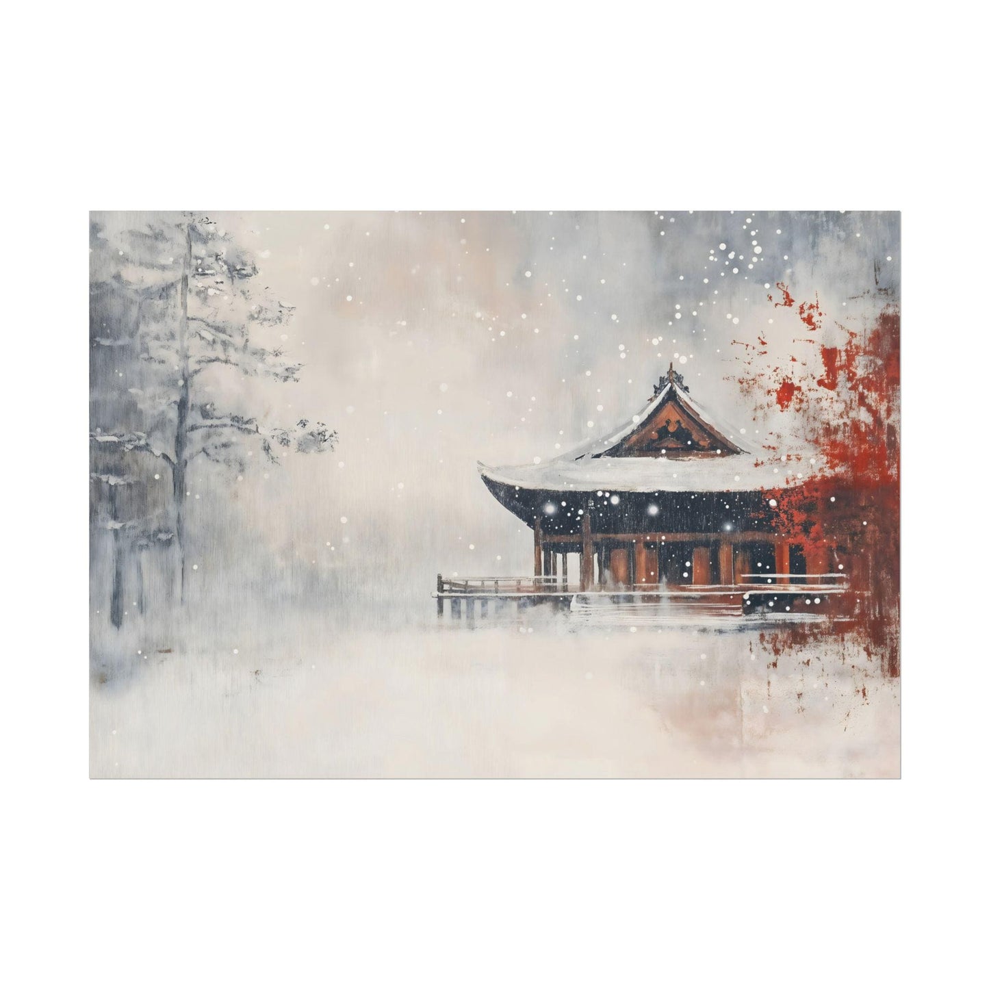 Silent Snowfall Japanese Abstract Oil Painting Effect Poster Print Winter Serenity Wall Art Decor