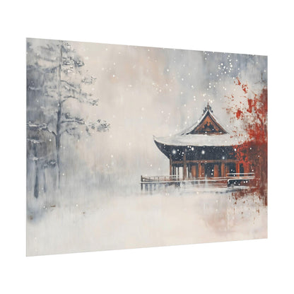 Silent Snowfall Japanese Abstract Oil Painting Effect Poster Print Winter Serenity Wall Art Decor