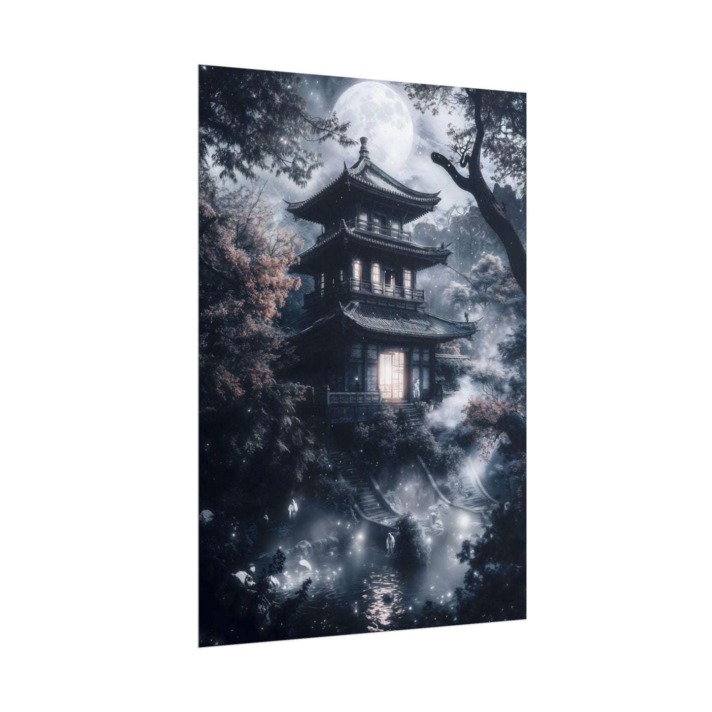 Japanese Ghostly Halloween Art Haunted Pagoda Spooky Kowai Anime Poster Print Wall Decor