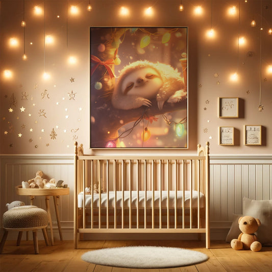 Poster Print, Sleepy Sloth Lights Poster - Kawaii Home Decor, Nursery Wall Art, Serene Animal Print, Gift for Sloth Lovers, Cute Room Decor