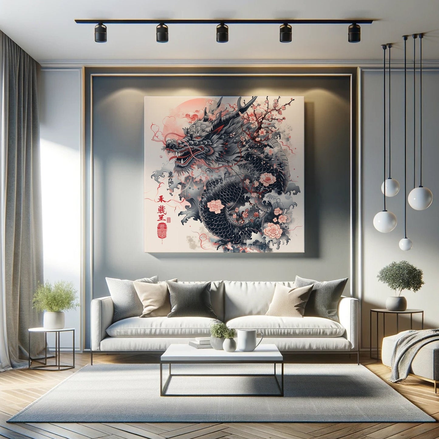 Traditional Japanese Dragon Art Canvas Print - Asian Mythology Wall Decor, Red and Black Ink Illustration