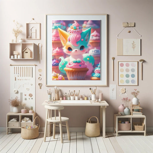 Kiku the Cupcake Kitsune - Kawaii Fox Art Poster, Cute Nursery Decor, Whimsical Animal Wall Print