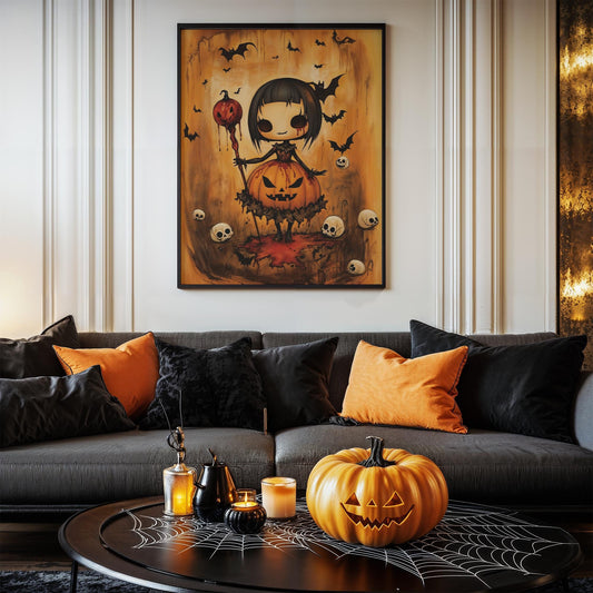 Kawaii Halloween Poster Print Bloodthirsty Pumpkin Witch Japanese Spooky Creepy Cute Gothic Horror Yami Kawaii Gurokawa