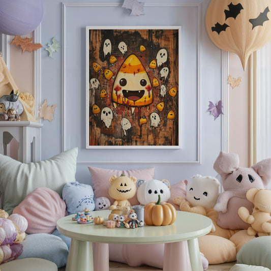 Kawaii Halloween Poster Print Candy Corn Trickster with Blood Stains Japanese Spooky Creepy Cute Gothic Horror Yami Kawaii Gurokawa