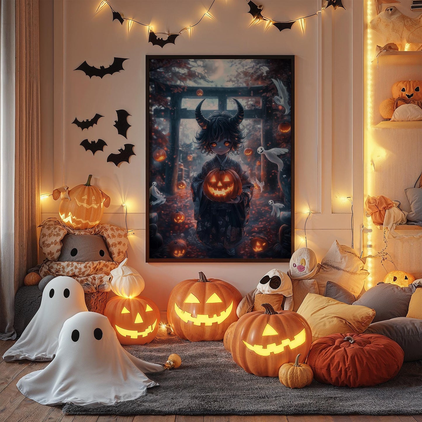 Oni Demon Halloween Poster, Japanese Anime Style Pumpkin Ghostly Mist Wall Art, Vibrant Spooky-Cute Aesthetic