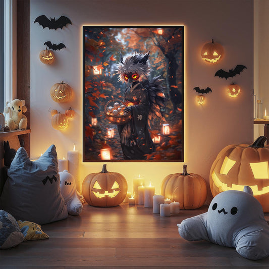 Tengu Anime Poster Mythical Bird Demon Wall Art Japanese Halloween Decor Vertical Portrait Vibrant Autumn Colors Cute Red Mask Glowing