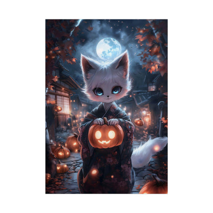 Kitsune Poster Anime Fox Spirit with Glowing Pumpkin Kawaii Japanese Yokai Art Print Halloween Home Decor Magical Autumn Wall Art