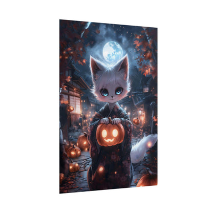 Kitsune Poster Anime Fox Spirit with Glowing Pumpkin Kawaii Japanese Yokai Art Print Halloween Home Decor Magical Autumn Wall Art