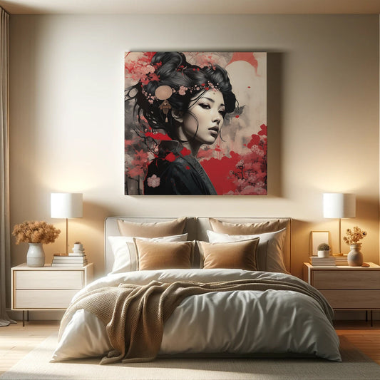 Canvas Print Geisha Portrait Wall Art Asian Culture Decor Red and Black Artwork Elegant Home Decor Sophisticated Room Decor Timeless