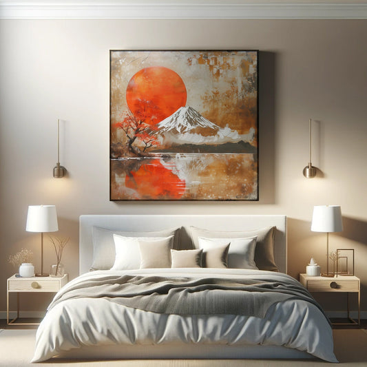 Canvas Print - Mt Fuji Red Sun Artwork, Japanese-Inspired Home Decor, Abstract Wall Art, Tranquil Nature Print, Modern Fusion Painting