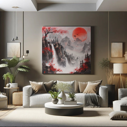 Canvas Print, Asian Landscape Art, Red Moon Mountain Scene, Tranquil Wall Decor, Nature Theme Poster, Serene Home Decoration