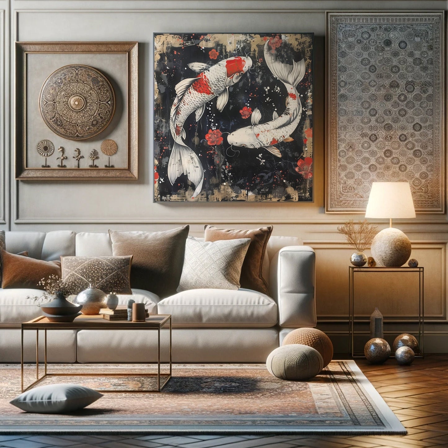 Canvas Print, Asian Koi Fish Artwork, Tranquil Home Decor, Wall Hanging, Fortune Symbol, Red Flowers, Abstract Painting, Modern Elegance,