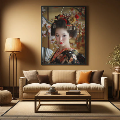 Wall Art, Geisha Beauty, Japanese Culture, Serene Elegance, Floral Kimono, Cherry Blossoms, Red Gold Black Decor, Sophisticated Home Decor,