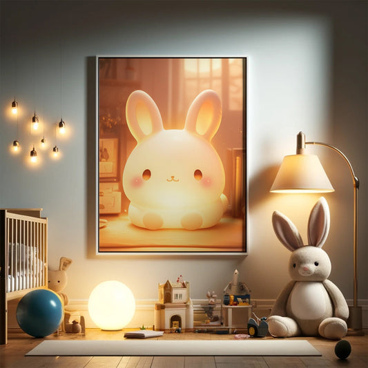 Art Print, Happy Hikari Light-Up Bunny Whimsical Poster for Nursery or Playroom, Kawaii Charm, Cozy Corner Decor, Pastel Palette, Tranquil