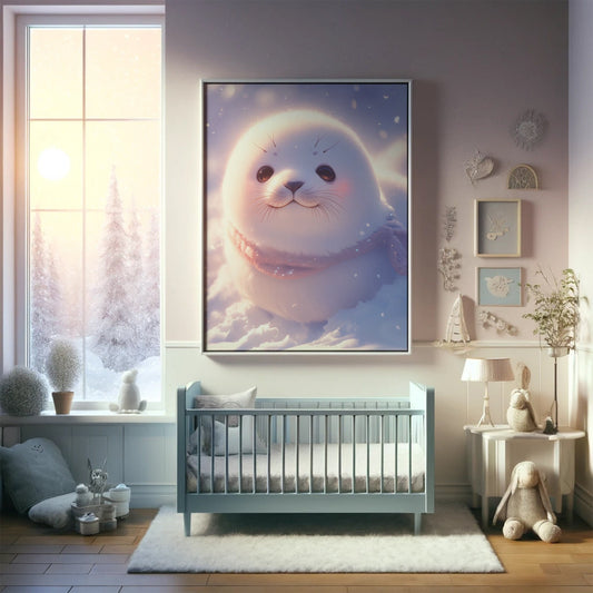 Yuki the Snowball Seal - Adorable Kawaii Style Poster Print Wall Art for Nursery & Home Decor