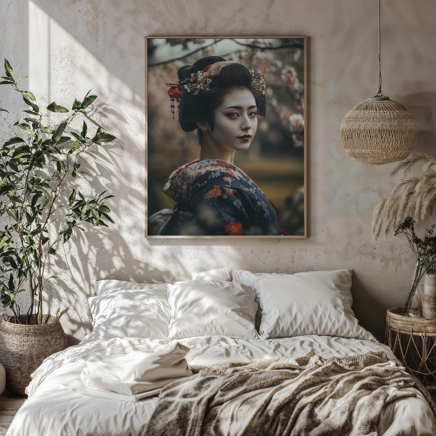 Geisha in Cherry Blossom Garden Traditional Japanese Sakura Wall Art Portrait Poster Print