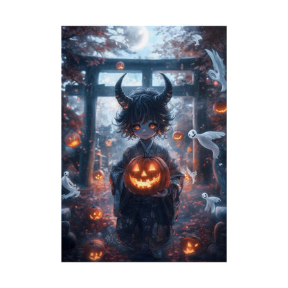 Oni Demon Halloween Poster, Japanese Anime Style Pumpkin Ghostly Mist Wall Art, Vibrant Spooky-Cute Aesthetic