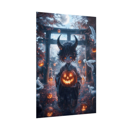 Oni Demon Halloween Poster, Japanese Anime Style Pumpkin Ghostly Mist Wall Art, Vibrant Spooky-Cute Aesthetic