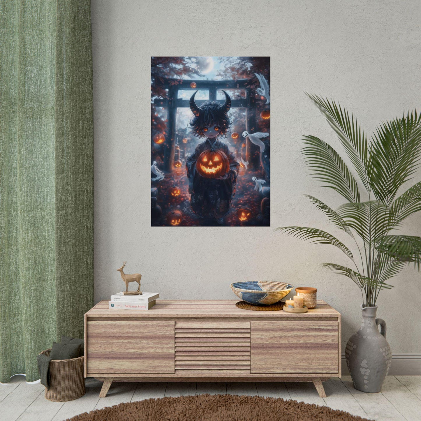 Oni Demon Halloween Poster, Japanese Anime Style Pumpkin Ghostly Mist Wall Art, Vibrant Spooky-Cute Aesthetic