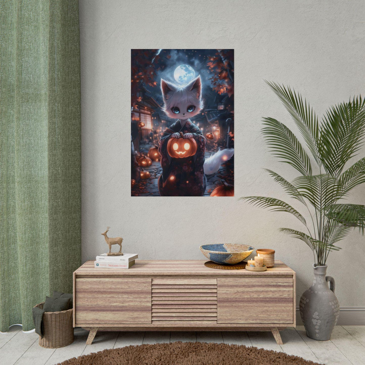 Kitsune Poster Anime Fox Spirit with Glowing Pumpkin Kawaii Japanese Yokai Art Print Halloween Home Decor Magical Autumn Wall Art