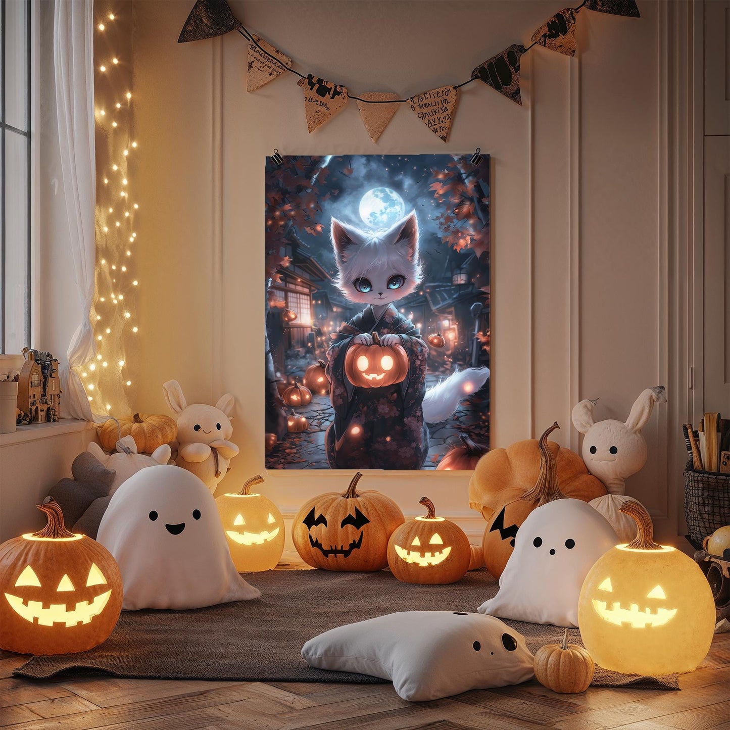 Kitsune Poster Anime Fox Spirit with Glowing Pumpkin Kawaii Japanese Yokai Art Print Halloween Home Decor Magical Autumn Wall Art