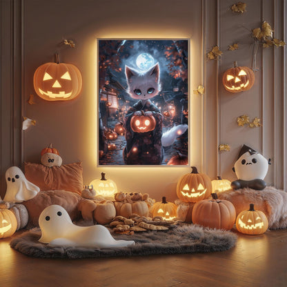 Kitsune Poster Anime Fox Spirit with Glowing Pumpkin Kawaii Japanese Yokai Art Print Halloween Home Decor Magical Autumn Wall Art