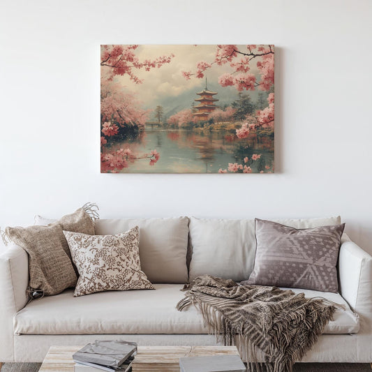 Cherry Blossom Canvas Print, Traditional Japanese Pagoda Landscape, Vintage Style Asian Wall Art, Serene Sakura Decor, Gift for Japan Lovers