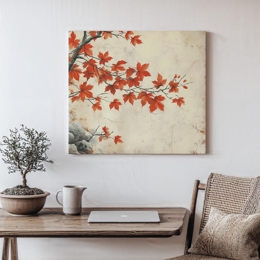 Canvas Print, Japanese Vintage Autumn Leaves, Fall Wall Art Decor, Japandi Style, Nature Lover Gift Warm Home Accent Cozy Seasonal Landscape